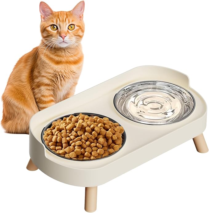 Elevated Cat Bowl, Raised Cat Food and Water Bowl Set for Indoor Cats, Splash Proof with 2 Stainless Steel Pet Food Bowls for Cats and Puppies, Whisker Fatigue and Dishwasher Safe - White — image 1