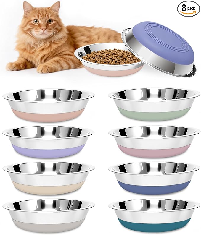 [8 Pack] Stainless Steel Cat Bowls, Cat Dishes Whisker Friendly with Non-Slip Silicone Bottom, Easy to Clean, 5.5" Shallow Wide Cat Food and Water Feeding Bowl for Indoor Outdoor Cats — image 1