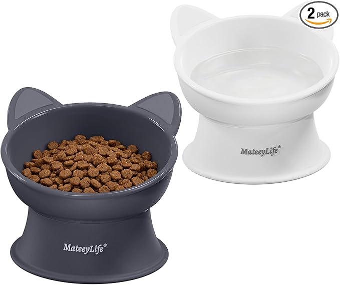 MateeyLife Elevated Cat Bowls, 2P Raised Food and Water Bowl Set for Indoor Cats & Small Dogs, Whisker Fatigue Cat Bowl, Anti Vomit Feeding Pet Bowls, 6 oz Each, Dishwasher Safe - White & Grey — image 1