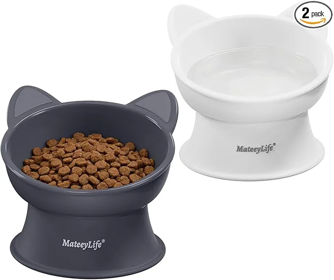 MateeyLife Elevated Cat Bowls, 2P Raised Food and Water Bowl Set for Indoor Cats & Small Dogs, Whisker Fatigue Cat Bowl, Anti Vomit Feeding Pet Bowls, 6 oz Each, Dishwasher Safe - White & Grey product image