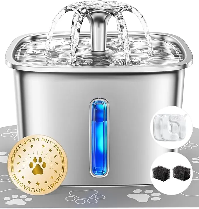 Veken Innovation Award Winner Stainless Steel Cat Water Fountain, 95oz/2.8L Automatic Pet Fountain Dog Water Dispenser with Replacement Filters & Silicone Mat, Gifts for Cats, Dogs (Silver) product image