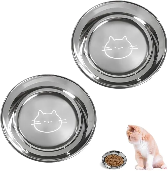 Stainless Steel Cat Bowls Food Dishes for Indoor Cats Cats Shallow Whisker Friendly 6.4Inches Cat Food Water Dishes Bowls Whisker Fatigue Relief Dishwasher Safe 2Pcs product image