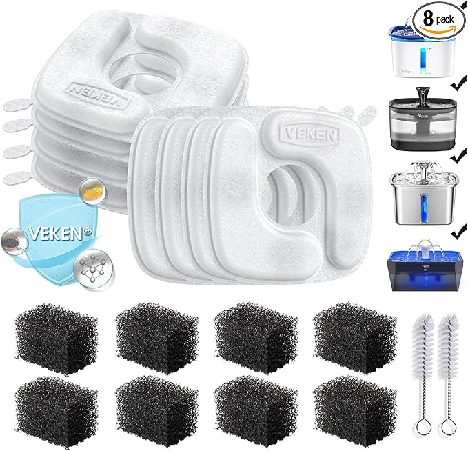 Veken Cat Water Fountain Filters, 8 Pack Replacement Filters & 8 Pack Replacement Pre-Filter Sponges Set for 50oz, 84oz, 95oz or 108oz Automatic Pet Fountain Dog Water Dispenser — image 1