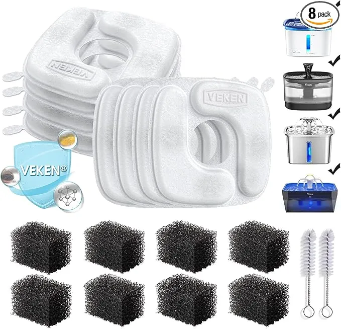Veken Cat Water Fountain Filters, 8 Pack Replacement Filters & 8 Pack Replacement Pre-Filter Sponges Set for 50oz, 84oz, 95oz or 108oz Automatic Pet Fountain Dog Water Dispenser product image