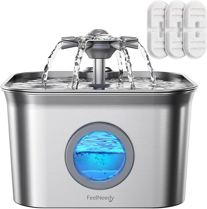 Stainless Steel Cat Water Fountain, 2.8L with 20dB Ultra-Quiet Pump- Ideal for Timid Pets, LED Water Level Window, Dishwasher Safe, 24/7 Circulation- Includes 3 Replacement Filters product image