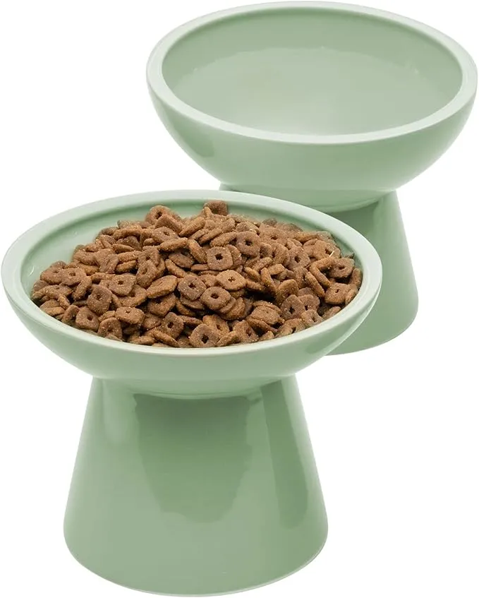 CEEFU 2 Elevated Ceramic Cat Bowls Extra Wide for Food & Water – Whisker Fatigue Shallow Food Dish, Lead & Cadmium-Free, Raised Height for Cats, Sage Green product image