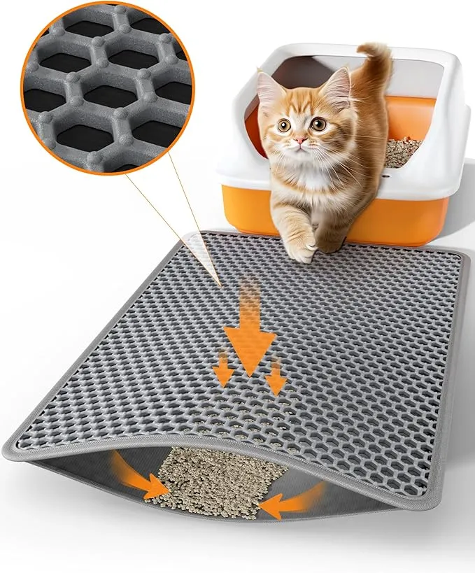 Powools Cat Litter Mat - 23.2" x 14.6" Small Litter Box Mat with Double Layers, Urine-Proof and Non-Slip Litter Trapping Mat, Easy to Clean Kitty Litter Mats for Floor, Scatter Control, Grey product image