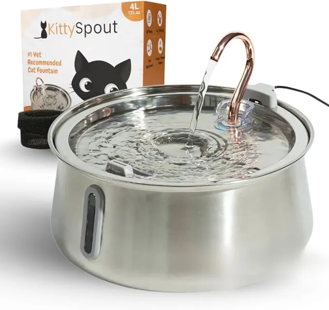 KittySpout Stainless Steel Cat Water Fountain Automatic Drinking Fountain, Quiet Circulating Water Bowl, Dishwasher Safe, Indoor Pet Fountain for Hydrated Healthy Cats (Stainless Steel, 4L Corded) product image