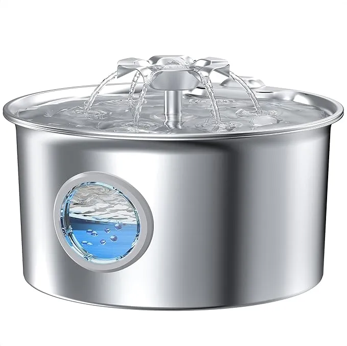 Stainless Steel Cat Water Fountain: 88oz/2.6L Ultra Quiet Pet Fountain with Flower Kitty Spout & LED Blue Light Water Dispenser with Water Level Window for Cats/Dogs Indoor (Silver) - IHOUONE product image