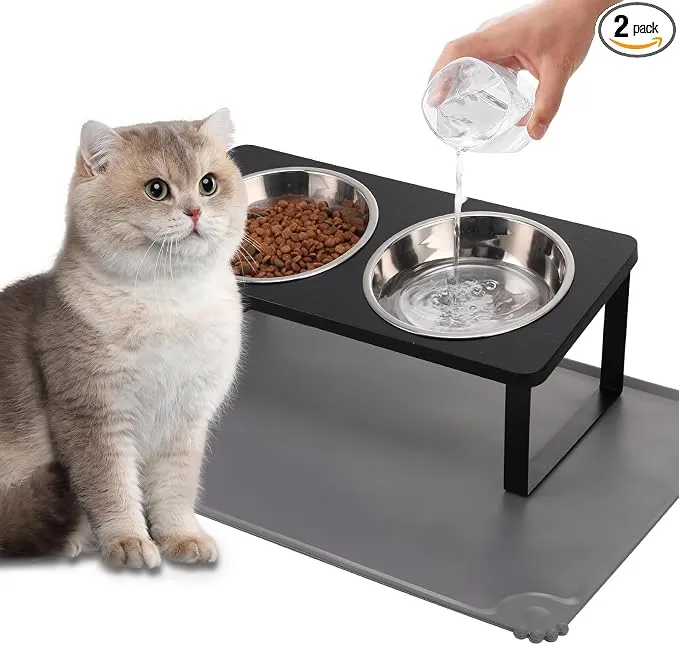 Upgraded Elevated Cat Bowls with Food Mat,15°Tilted Stand Anti Vomiting Raised Cat Dishes for Food and Water,2 Stainless Steel Bowls for Cats and Puppy（Black） product image