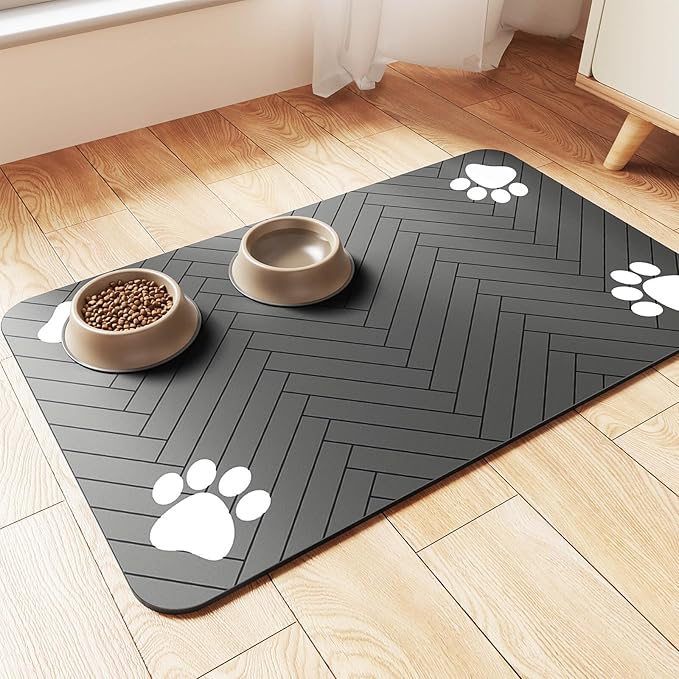 Pet Feeding Mat-Absorbent Pet Placemat for Food and Water Bowl, with Waterproof Rubber Backing, Quick Dry Water Dispenser Mat for Dog and Cat (20"x12", Striped Dark Gray) — image 1