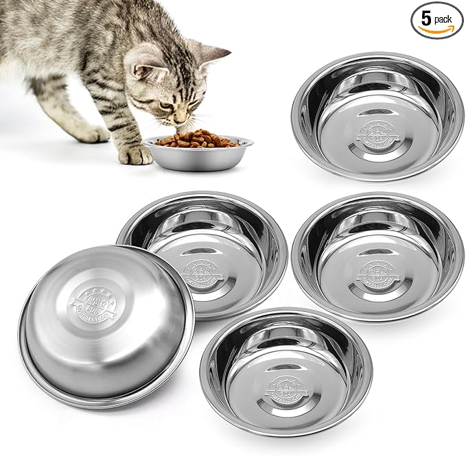Stainless Steel Cat Bowl-Shallow Wide Flat Cats Food Bowls,Metal Kitten Dishes Whisker Friendly Fatigue Relief,Replacement Basic Kitty Plates for Elevated Stand,Dishwasher Safe（Set of 5） — image 1