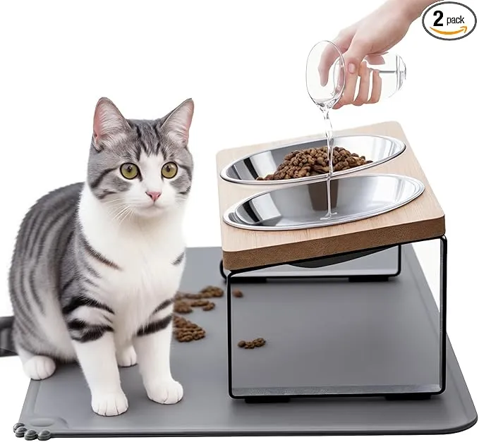 Upgraded Elevated Cat Bowls with Food Mat,15°Tilted Stand Anti Vomiting Raised Cat Dishes for Food and Water,2 Stainless Steel Bowls for Cats and Puppy product image