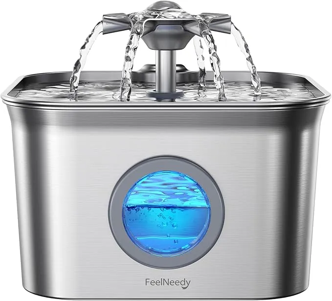 Stainless Steel Cat Water Fountain, 99oz/2.8L Auto Pet Drinking Fountain with 20dB Ultra-Quiet Pump- Ideal for Timid Pets, LED Water Level Window, Dishwasher Safe, 24/7 Circulating Flow - FEELNEEDY product image