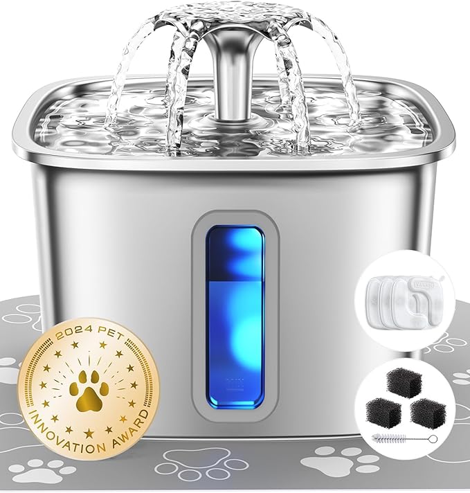 Veken Innovation Award Winner Stainless Steel Cat Water Fountain, 108oz/3.2L Automatic Pet Fountain Dog Water Dispenser with 3 Replacement Filters & Silicone Mat, Gifts for Cats, Dogs (Silver) — image 1