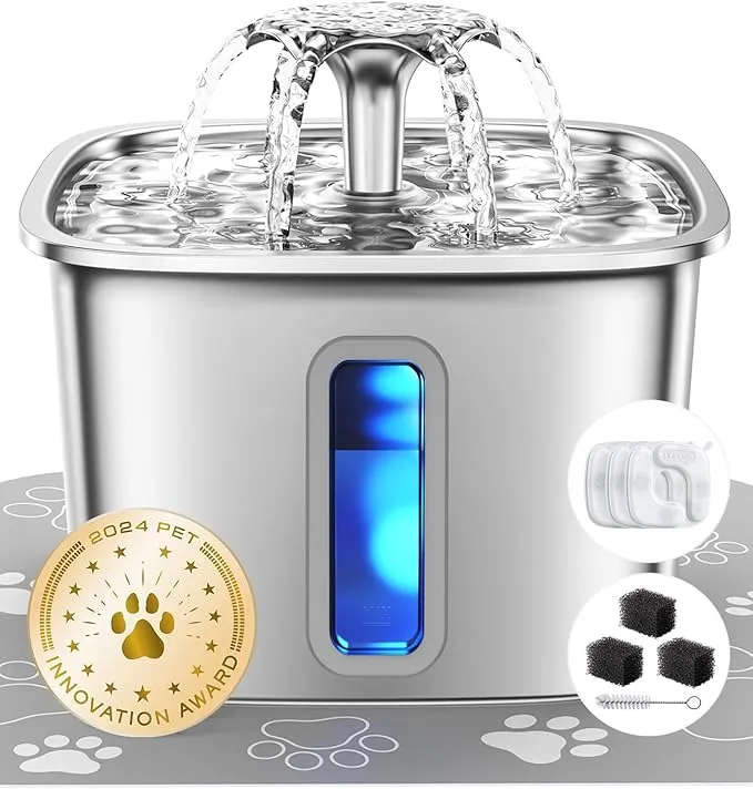 Veken Innovation Award Winner Stainless Steel Cat Water Fountain, 108oz/3.2L Automatic Pet Fountain Dog Water Dispenser with 3 Replacement Filters & Silicone Mat, Gifts for Cats, Dogs (Silver) product image