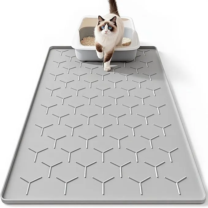 Bulkniu Large Silicone Cat Litter Mat, Waterproof/Urineproof, Litter Recycling, Easy to Clean, Soft on Kitty Paw (22"X34"- Grey) product image