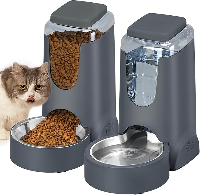 Automatic Cat Feeder and Water Dispenser with Stainless Steel Bowl Dog Gravity Food Feeder and Waterer for Small Medium Pets Puppy Kitten 1 Gallon x 2 — image 1