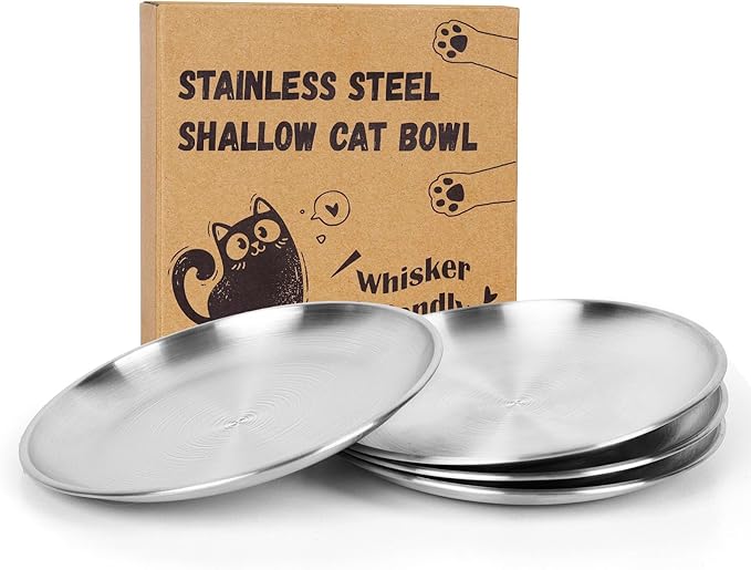 4-Pack Stainless Steel Cat Food Bowls, Shallow Whisker-Friendly Non-Slip Silicone Base Metal Dishes, Easy to Clean Indoor Feeding Flat Plates for Cat, Kitten, Small Dog (6.7") — image 1