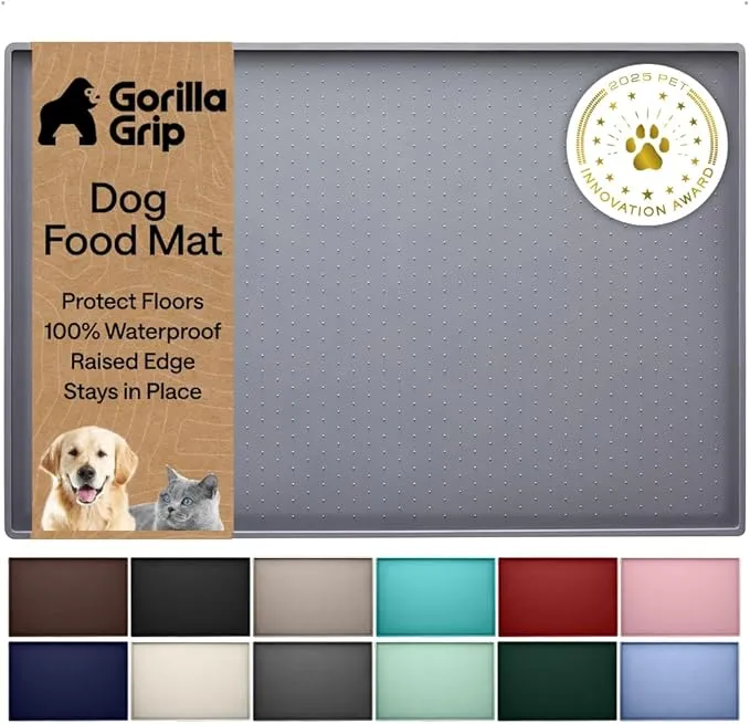 GORILLA GRIP 100% Waterproof Raised Edge BPA Free Silicone Pet Feeding Mat, Dog Cat Food Mats Contain Spills Protects Floors, Placemats for Cats and Dogs Water Bowl, Pets Accessories 18.5x11.5 Gray product image