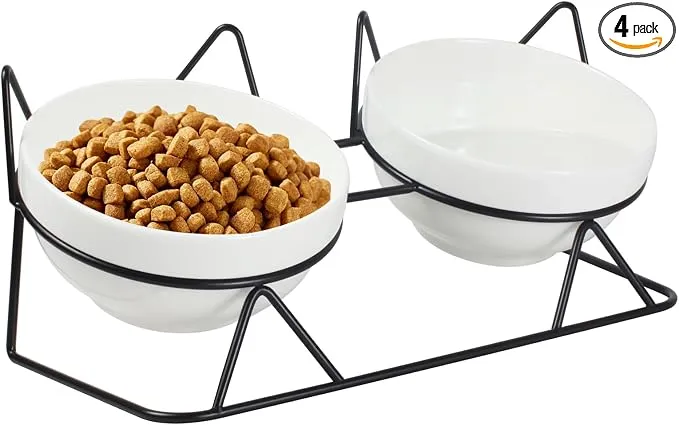 Elevated Tilted Cat Bowls for Indoor Cats，Raised Ceramic Cat Bowl Elevated 15°,Pet Feeding Bowls for Food and Water Anti Vomiting Bowl(Double Ceramics and Tilt Shelf) Suitable product image