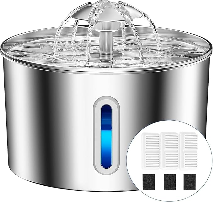 Cat Water Fountain Stainless Steel - 74oz/2.2L Automatic Large Pet Watering Bowl Dispenser for Indoor Dogs - Drinking Fountains with 3 Filter, Gifts for Cats and Kitty - Dog Waterer Bowls No Spill — image 1