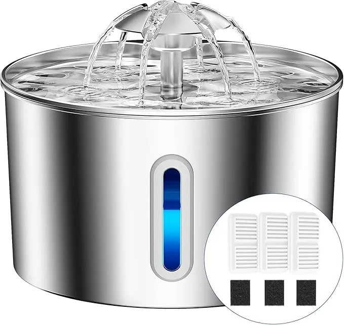 Cat Water Fountain Stainless Steel - 74oz/2.2L Automatic Large Pet Watering Bowl Dispenser for Indoor Dogs - Drinking Fountains with 3 Filter, Gifts for Cats and Kitty - Dog Waterer Bowls No Spill product image