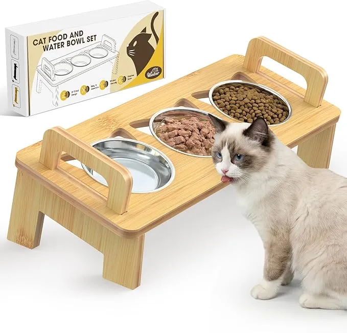 Bamboo Elevated Cat Bowls, 3 Stainless Steel Raised Cat Bowl with Stand, 15°Tilted Cat Feeding Station, Cat Food and Water Bowl Set for Small Cats, Anti Vomitting, Whisker Fatigue (Natural) product image