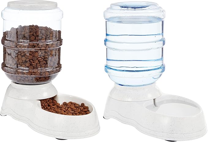 Amazon Basics Automatic Pet Water Dispenser and Gravity Food Feeder Set for Cat and Dog, Easy to Clean, 6-Pound Food Capacity, 1-Gallon, Small, Gray, Pack of 2 — image 1