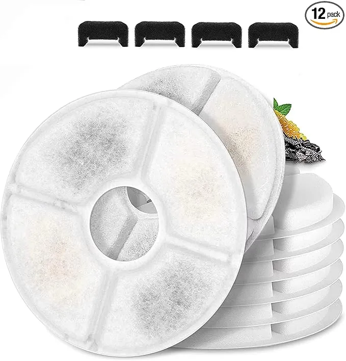 Cat/Pet Water Fountain Filters, 12 Pieces Set Pack of 8 Replacement Filter Fit for 81oz/2.4L, 3 Filtration System with 4 Pre-Filter Sponges product image