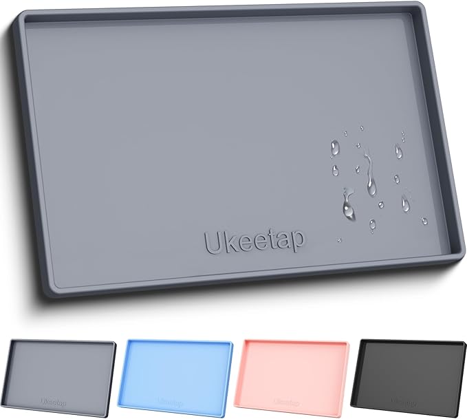 ukeetap Extra Thick Silicone Mat Waterproof with Raised Edge 19” x 12”, BPA Free Non-Slip Dog & Cat Food Mat, Feeding Mat for Food and Water Bowls, Spill Proof Mat to Protect Floors, Gray — image 1