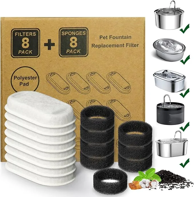 Cat Water Fountain Filter,16 Pack Cat Fountain Replacement Filters for Stainless Steel 67oz/2L Adjustable Water Flow Pet Water Fountain,Dog Water Fountain (8+8 Pack) product image