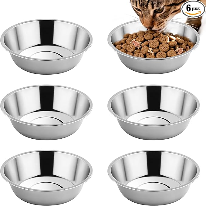 Tifanso 6PCS Stainless Steel Cat Bowls Dishes, 5.6” Metal Shallow Wide Whisker Friendly Cat Food Water Feeding Bowl, Kitten Plates, Basic Indoor Pet Food Tray, Dishwasher Safe — image 1