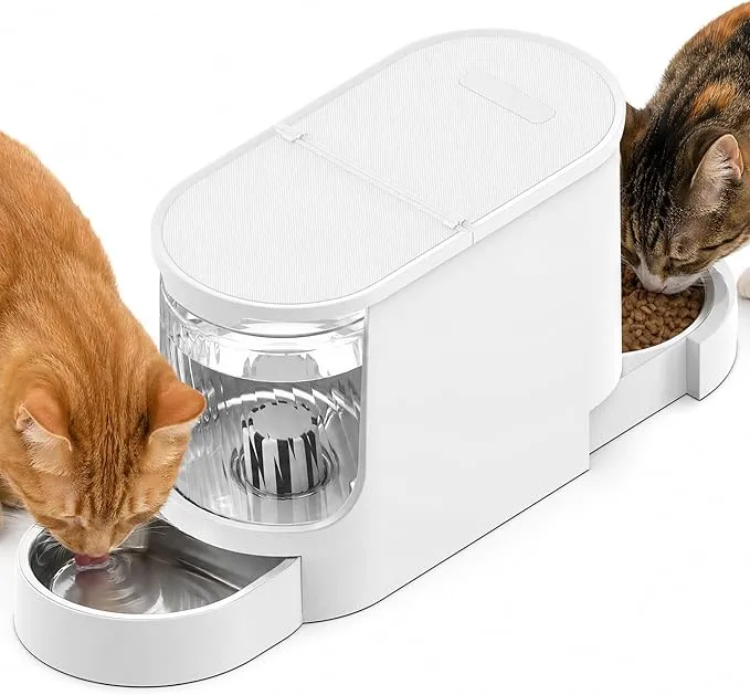 JUNSPOW Automatic Cat Feeder 2-in-1 Set, Gravity Cat Food Feeder and Water Dispenser, Dog Feeding & Watering Supply with Stailess Steel Bowls, Large Capacity Low Noise, White product image