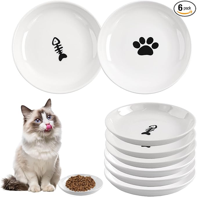 6 Pack Cat Food Bowl, Ceramic Cat Bowls, Anti Whisker Fatigue Cats Bowl Set,5.5 Inches Shallow Wide Kitten Plates for Food and Water (White-A) — image 1