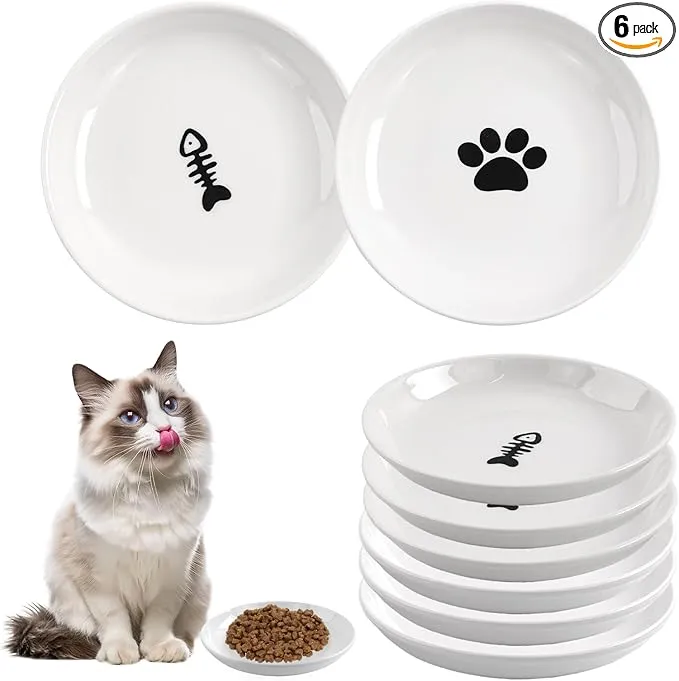 6 Pack Cat Food Bowl, Ceramic Cat Bowls, Anti Whisker Fatigue Cats Bowl Set,5.5 Inches Shallow Wide Kitten Plates for Food and Water (White-A) product image