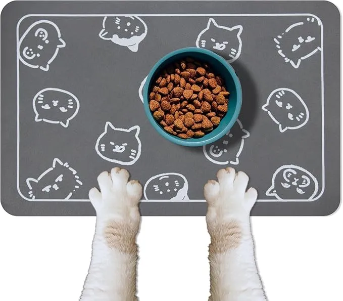 YCT Cat Food Mat for Pet Dog Feeting Mats, Cat Mat for Food and Water, Non-Slip Super Absorbent, with Multiple cat Heads Logo，18.1 x 11.8 inches, Dark Grey product image