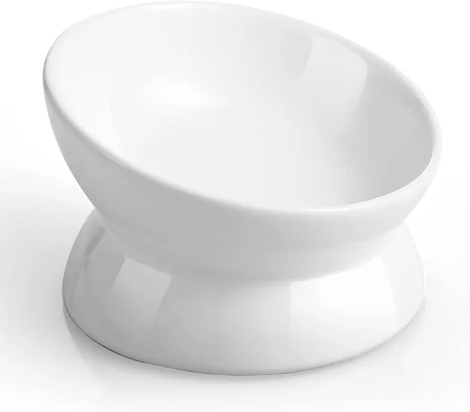 LoeJan Elevated Cat Food Bowl, 5 Oz Ceramic Raised and Tilted Water Bowl, Anti Vomiting and Protect Pets' Spines Dishes for Small Dog, Fat Faced Cat, Kitten (White, 1 Pack) product image