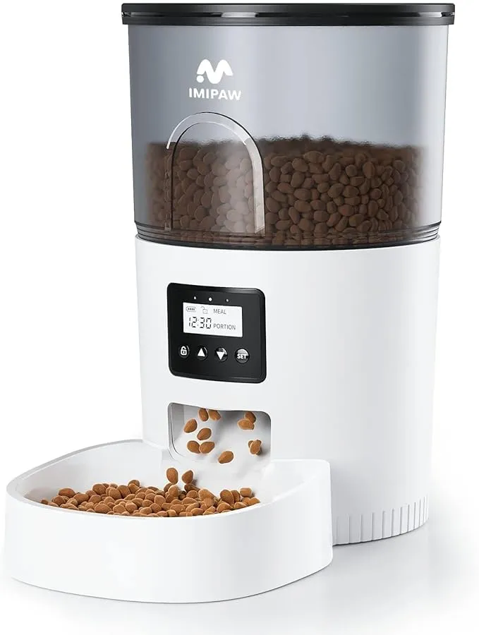 IMIPAW Automatic Cat Feeders, Timed Cat Dry Food Dispenser with Desiccant Bag, Dual Power Supply, Programmable Portion Size, 6 Meals, 20 Portions Per Day, Auto Pet Feeder for Cats and Small Dog, White product image