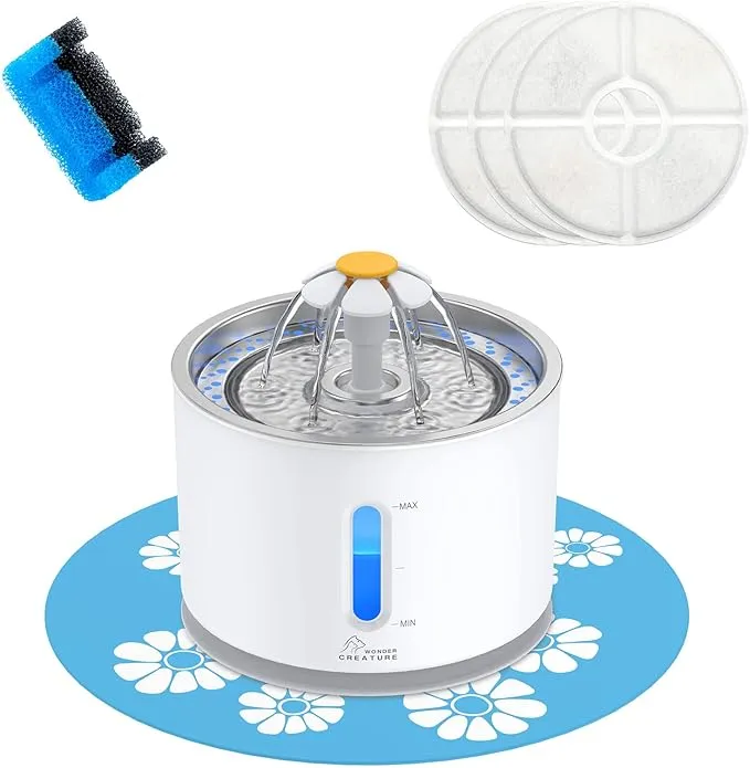 Wonder Creature Cat Water Fountain Stainless Steel, 81oz/2.4L Cat Fountain with Water Level Window and LED Light for Water Shortage Alert, Cat and Dog Fountain with 3 Filters and 1 Mat product image