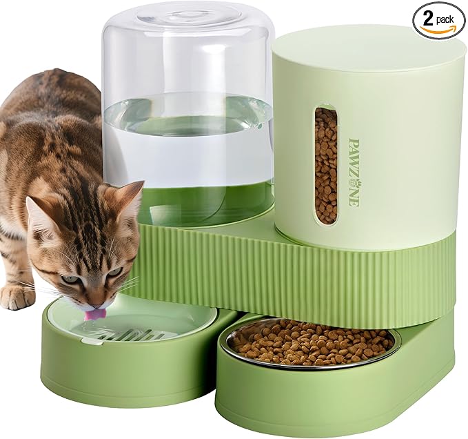 2 Pack Automatic Cat Feeder Stainless Steel Water Dispenser Gravity Food Feeder and Waterer Set with Pet Food Bowl for Small Medium Kitten Puppy Pets Large Capacity(Green) — image 1