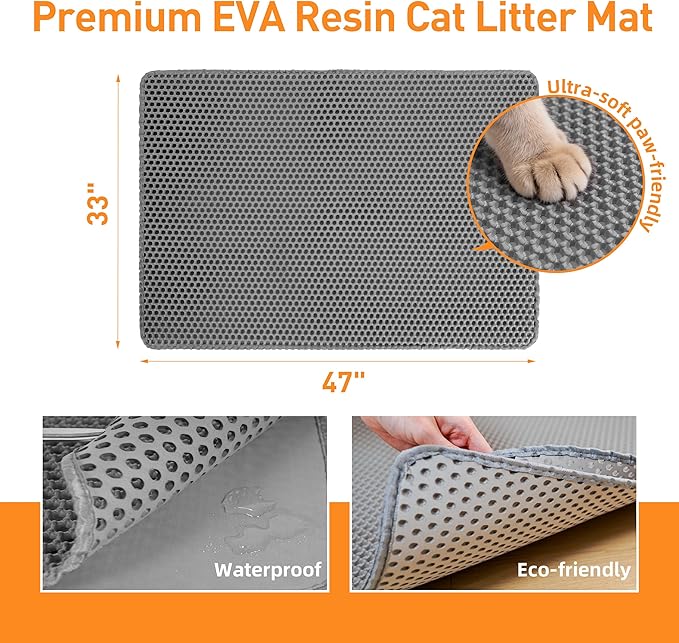 Large Cat Litter Mat for Litter Box, 47"×33" Double Layer Trapping Mat, Non-Slip Water Proof Kitty Litter Pad, Grey — image 2