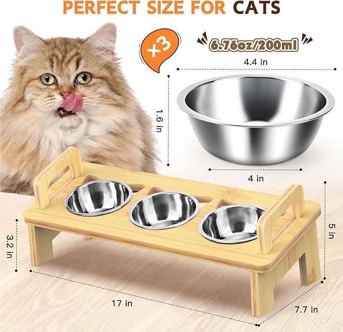 Bamboo Elevated Cat Bowls, 3 Stainless Steel Raised Cat Bowl with Stand, 15°Tilted Cat Feeding Station, Cat Food and Water Bowl Set for Small Cats, Anti Vomitting, Whisker Fatigue (Natural) — image 2