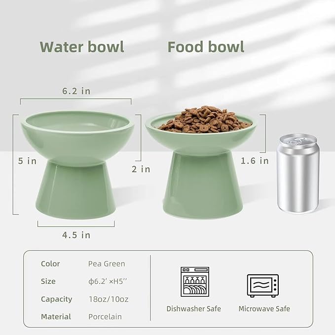 CEEFU 2 Elevated Ceramic Cat Bowls Extra Wide for Food & Water – Whisker Fatigue Shallow Food Dish, Lead & Cadmium-Free, Raised Height for Cats, Sage Green — image 2