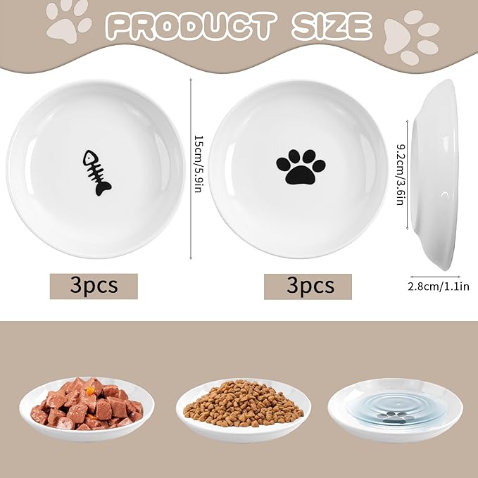 6 Pack Cat Food Bowl, Ceramic Cat Bowls, Anti Whisker Fatigue Cats Bowl Set,5.5 Inches Shallow Wide Kitten Plates for Food and Water (White-A) — image 2