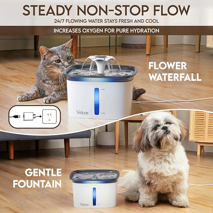 Veken Innovation Award Winner 95oz/2.8L Pet Fountain, Automatic Cat Water Fountain Dog Water Dispenser with Replacement Filters for Cats, Dogs, Multiple Pets (Grey, Plastic) — image 2