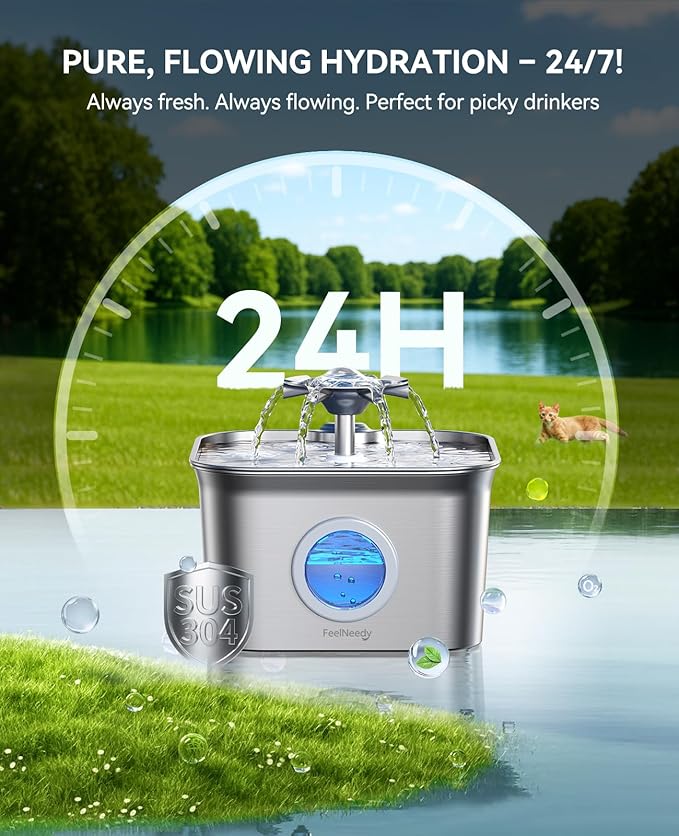 Stainless Steel Cat Water Fountain, 99oz/2.8L Auto Pet Drinking Fountain with 20dB Ultra-Quiet Pump- Ideal for Timid Pets, LED Water Level Window, Dishwasher Safe, 24/7 Circulating Flow - FEELNEEDY — image 2