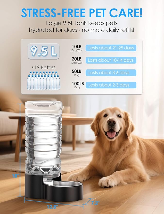 Heouvo 2.5 Gallon Automatic Dog Water Dispenser【Wide Mouth for Easy Hand-in Cleaning】【Removable Stainless Steel Bowl】, Gravity Refilling Large Capacity for Cats and Dogs, Multi-Pet Homes — image 2