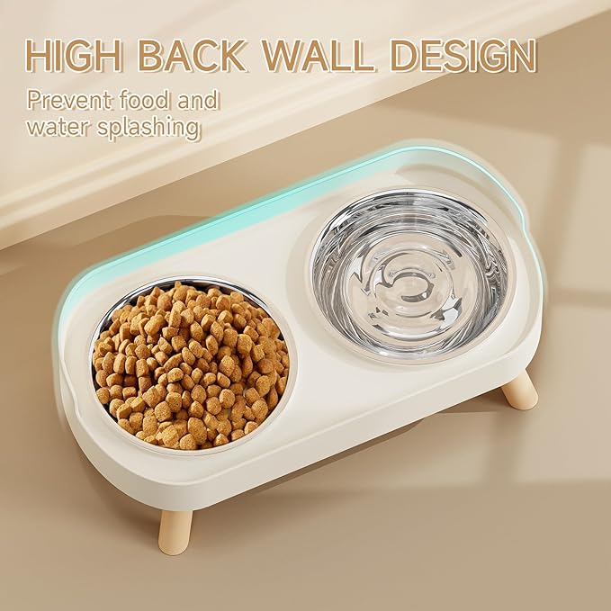 Elevated Cat Bowl, Raised Cat Food and Water Bowl Set for Indoor Cats, Splash Proof with 2 Stainless Steel Pet Food Bowls for Cats and Puppies, Whisker Fatigue and Dishwasher Safe - White — image 2