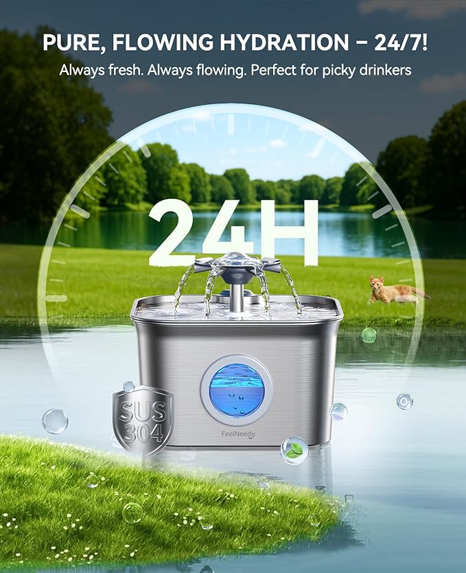 Stainless Steel Cat Water Fountain, 2.8L with 20dB Ultra-Quiet Pump- Ideal for Timid Pets, LED Water Level Window, Dishwasher Safe, 24/7 Circulation- Includes 3 Replacement Filters — image 2